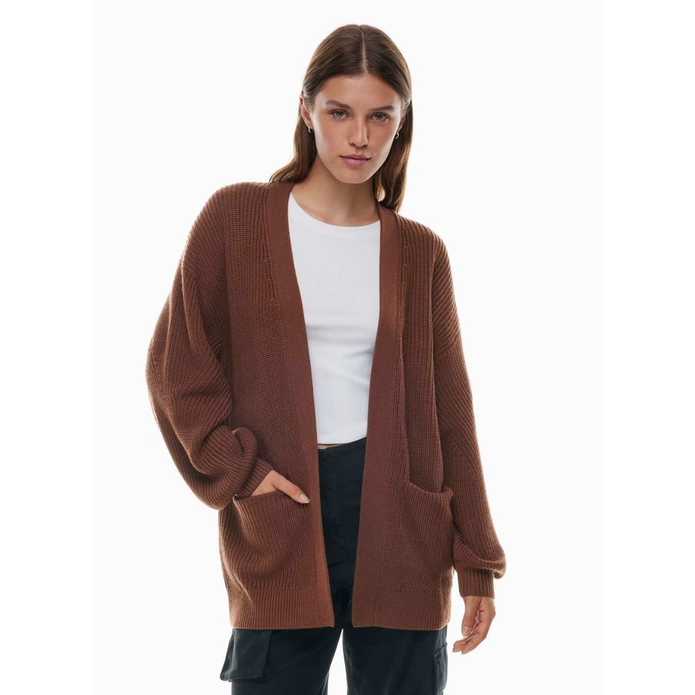 Wilfred Free Aritzia Brown 100% Merino Wool Ribbed Open Front Cardigan Large